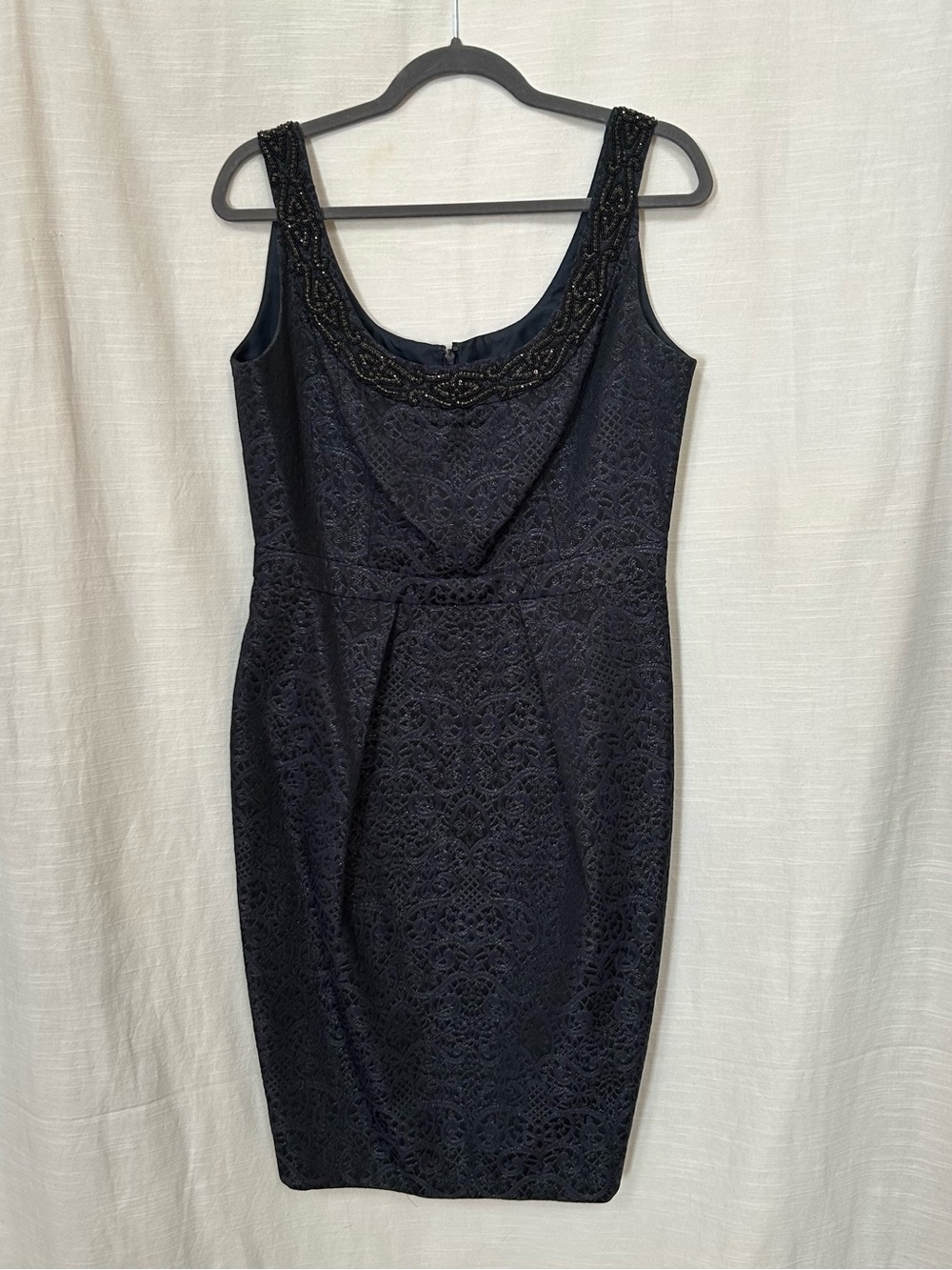 Carmen Marc Valvo Black Jacquard Sheath Dress with Beaded Scoop Neck‎